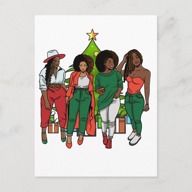 Postal Melanin Sistas Árbol de Navidad y regalos Chicas n (Anverso)