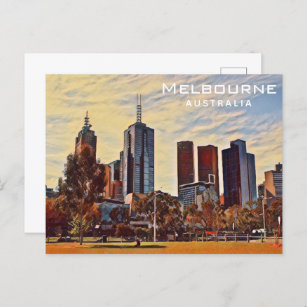 Postal Melbourne Australia Skyline Watercolor Art