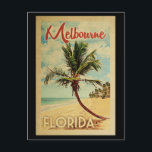 Postal Melbourne Palm Tree Vintage Travel<br><div class="desc">Una estampa de arte de Melbourne Florida de mediados de siglo,  única y retro,  de estilo poster de viajes vintage. Cuenta con una palmera curvada en una playa de arena con el océano bajo un cielo azul turbio.</div>