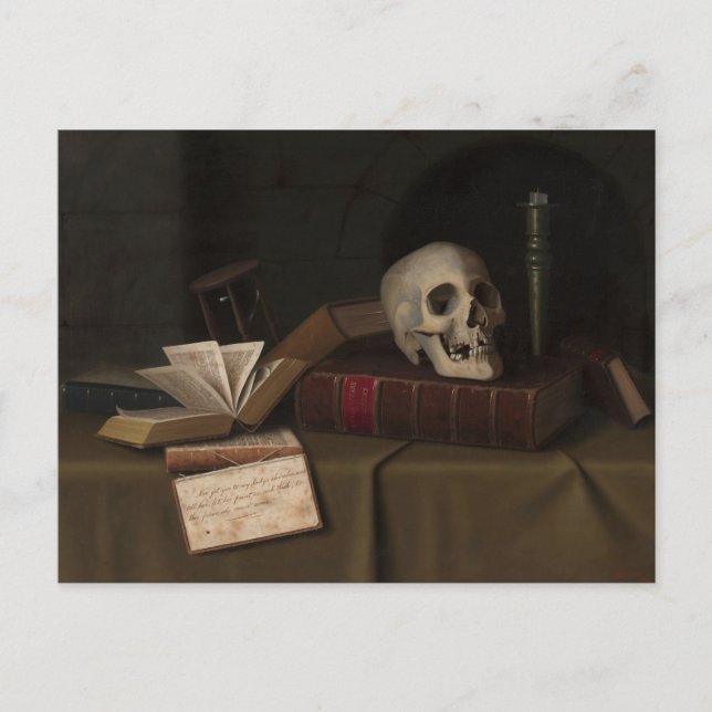 Postal Memento Mori "A este favor" por William Harnett (Anverso)