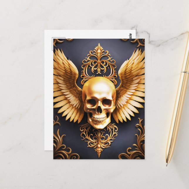 Postal Memento Mori Golden Gothic Skull Sigil (Anverso/Reverso In Situ)