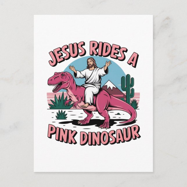 Postal Memes Divertidos de Jesús, Jesús Monta un Dinosaur (Anverso)