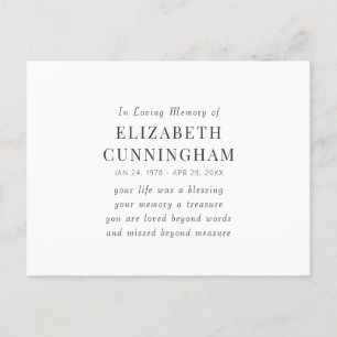 Postal Memorial de recuerdo moderno simple cita en memori