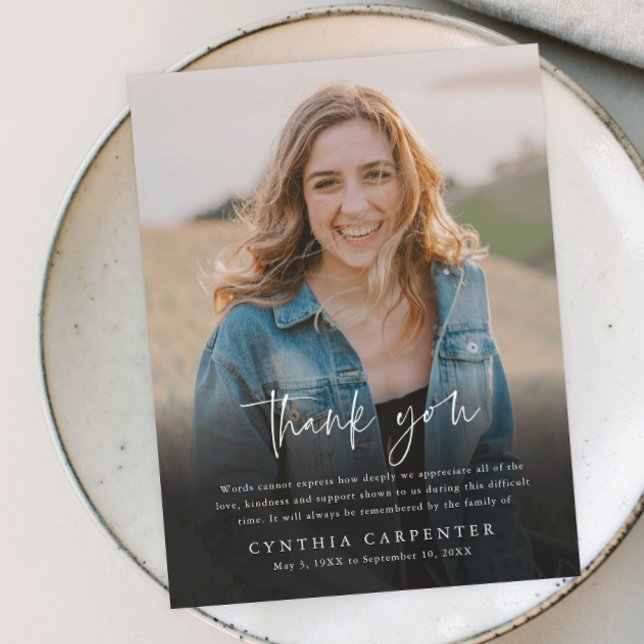 Postal Memorial funerario moderno - Gracias (Modern script simple photo memorial thank you postcard.)