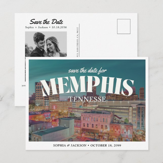 Postal Memphis Wedding Save the Date Retro Skyline (Anverso / Reverso)