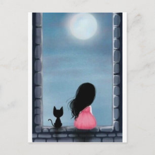 Postal Menina e gato na janela - chica y gato al viento