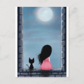 Postal Menina e gato na janela - chica y gato al viento