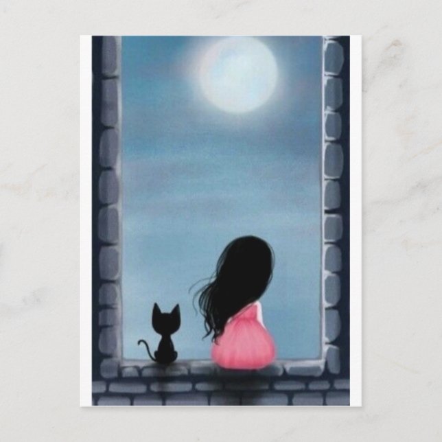 Postal Menina e gato na janela - chica y gato al viento (Anverso)