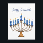 Postal Menorah con velas quemadas Feliz Hanukkah<br><div class="desc">Menorá color agua con velas azules ardientes. Feliz saludo de Hanukkah puede ser cambiado. Gráfico asistido por IA adquirido con uso comercial. Material gráfico: CosmicMeta</div>