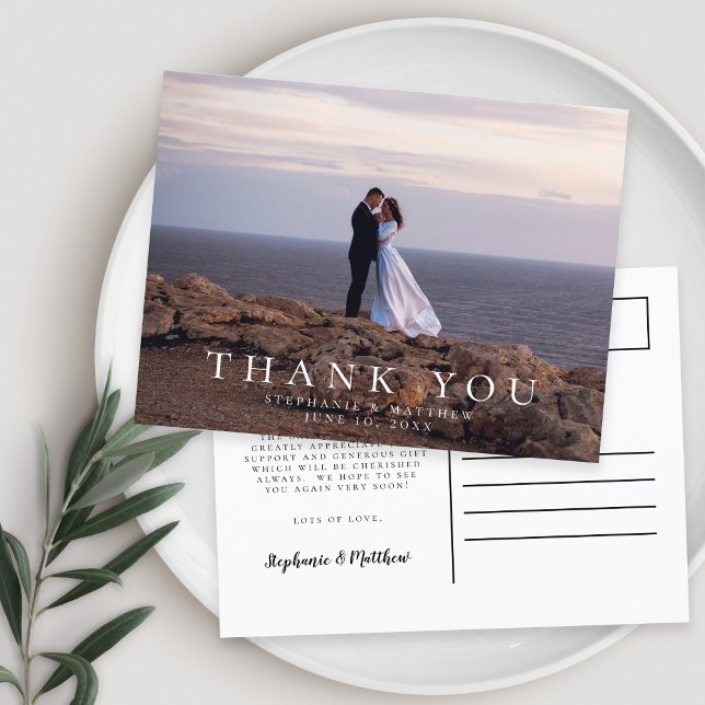 Postal Mensaje de agradecimiento de fotos de boda minimal (Minimalist Wedding Photo Thank You Message Postcard)