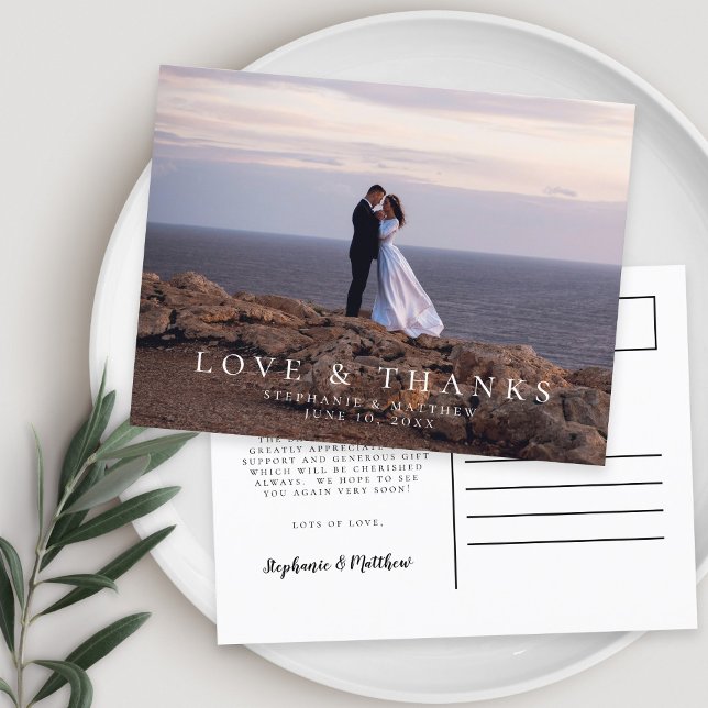 Postal Mensaje de Amor y Agradecimiento para Foto de Boda (Minimalist Wedding Photo Love & Thanks Message Postcard)