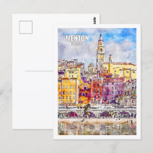 Postal Menton France Famous Travel Place Watercolor