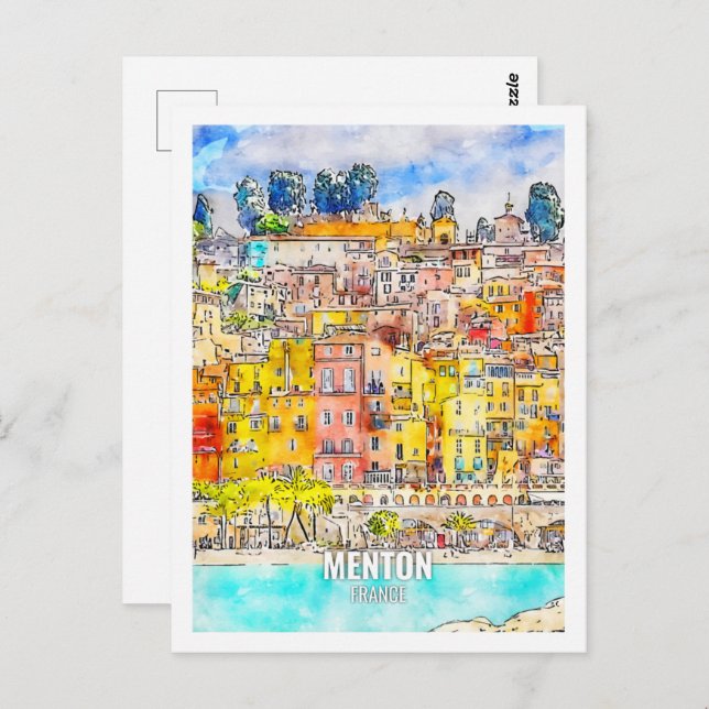 Postal Menton France Famous Travel Place Watercolor (Anverso / Reverso)