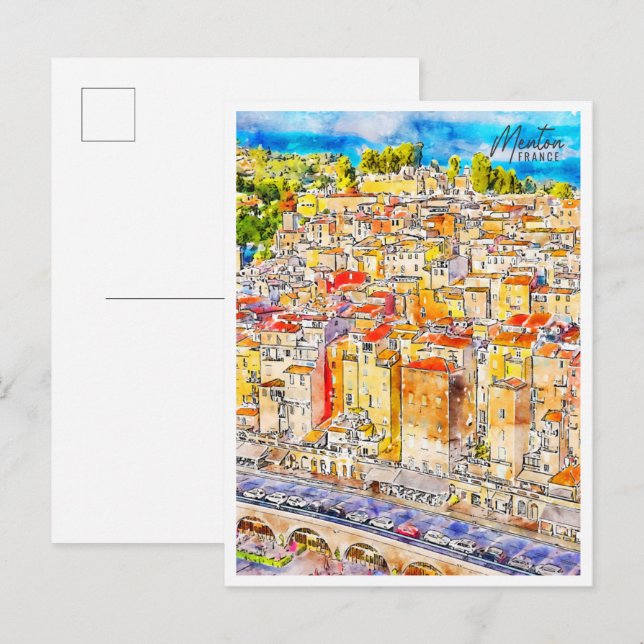 Postal Menton France vintage acuarela (Anverso / Reverso)