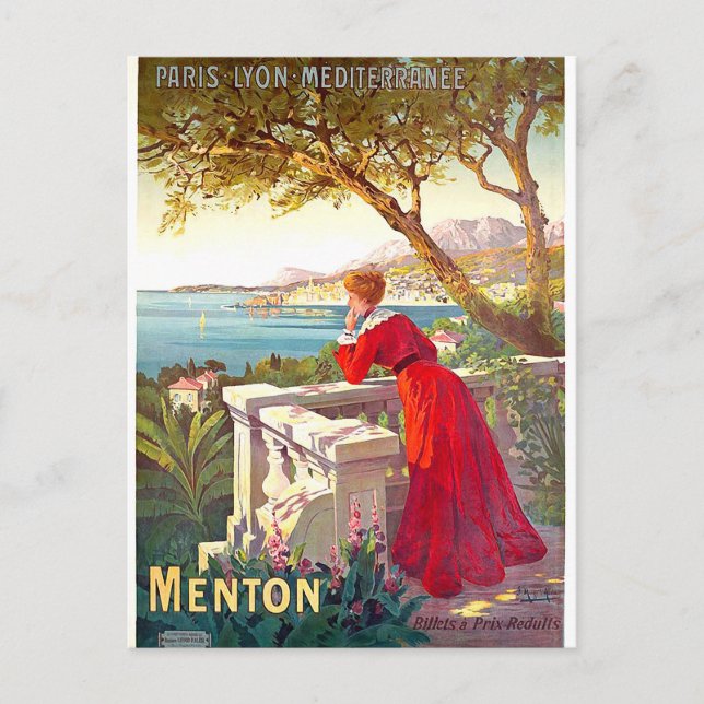 Postal Menton, paisaje de la riviera francesa, mujer en t (Anverso)