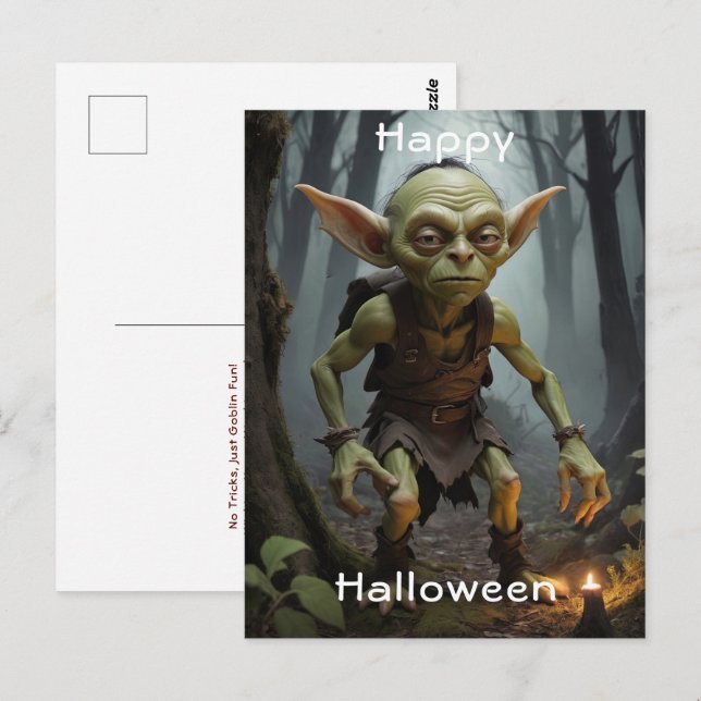 Postal Menudo Goblin acechando en un bosque embrujado (Anverso / Reverso)
