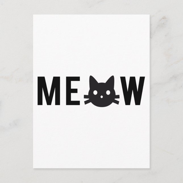 Postal Meow, con cara de gato negro, diseño de texto (Anverso)