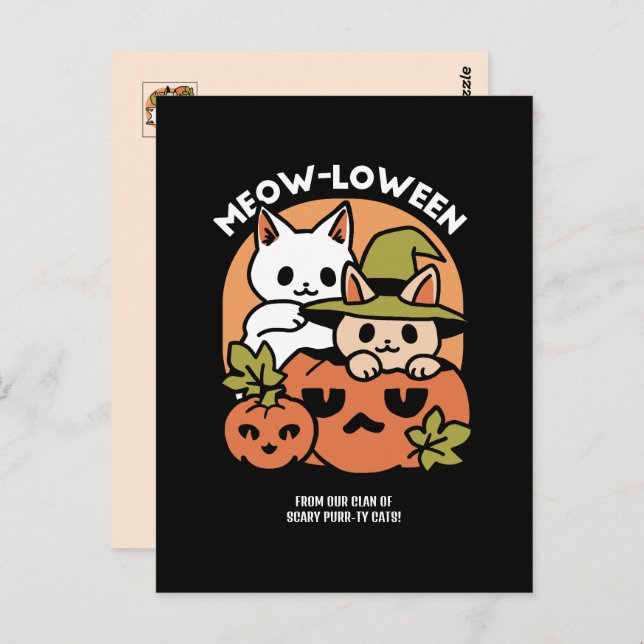 Postal Meow-Loween - Diseño festivo de gatos de Halloween (Anverso / Reverso)