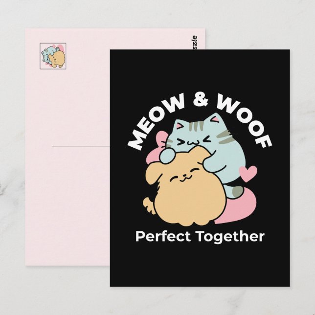 Postal Meow & Woof Perfect Together: Gato y perro delicio (Anverso / Reverso)