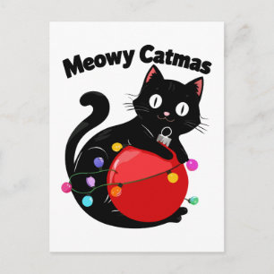 Postal Meowy Catmas - Gato con adorno de Navidad