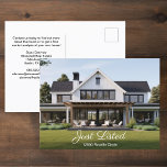 Postal Mercadeo inmobiliario con foto de la casa listada<br><div class="desc">Muestra tu nuevo listado de casa con estas modernas postales de marketing con sobreimpresión de escritura blanca que leen Acabo de listar sobre la dirección de la casa y la fotografía de personalizable. Envíe estas tarjetas postales minimalistas de moda para atraer a potenciales nuevos compradores o clientes en su área...</div>