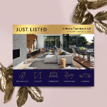 Postal Mercadeo inmobiliario de oro y marina<br><div class="desc">Postal moderna de marketing de la Marina Azul y Oro Just Listed Inmobiliaria con espacio para su logo, foto de la propiedad y detalles de la propiedad con iconos. Esta postal promocional de la marina de personalizable y faux gold Property For Sale presenta un diseño profesional con espacio para el...</div>