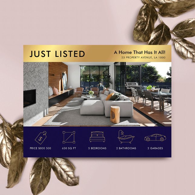 Postal Mercadeo inmobiliario de oro y marina (Professional house for sale or rent marketing postcard in navy blue and gold)