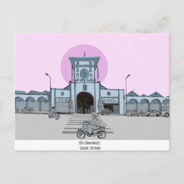 Postal Mercado Ben Thanh Ilustracion de Vietnam en Saigon (Anverso)