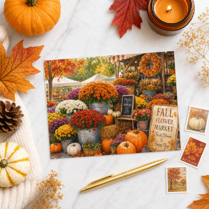 Postal Mercado de calabazas y crisantemos de otoño