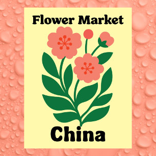 Postal Mercado de Flores de China Peonía Coral y Hoja Ver