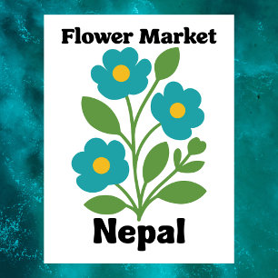 Postal Mercado de Flores de Nepal Flor Teal y Hoja Verde