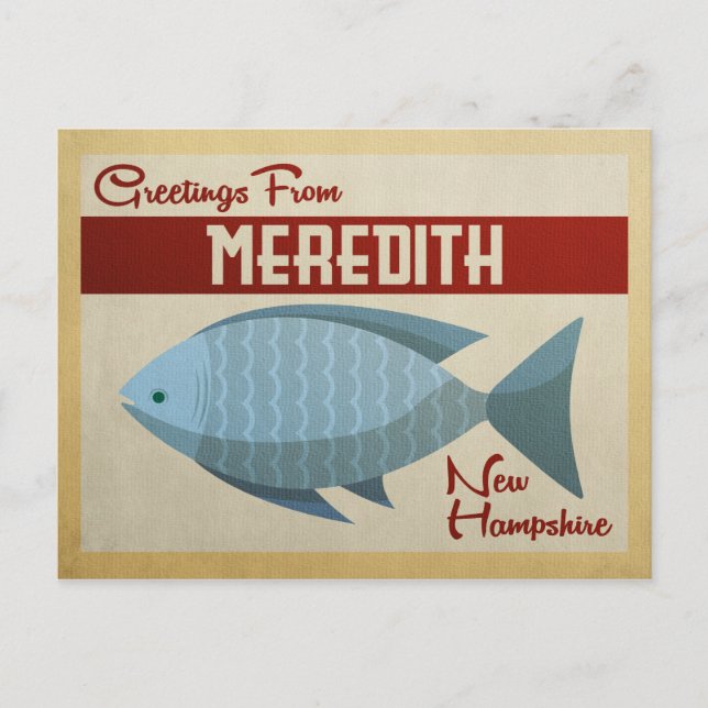 Postal Meredith New Hampshire Blue Fish Vintage Travel (Anverso)