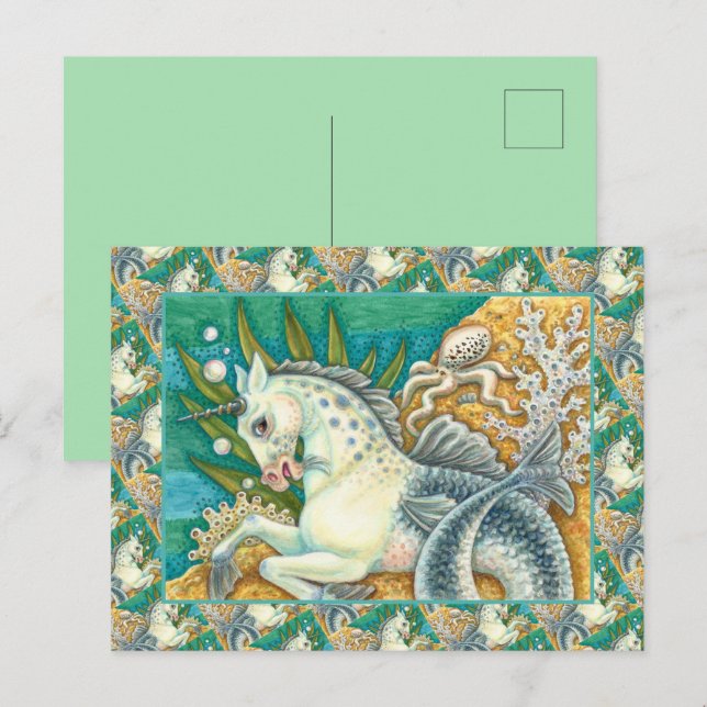 POSTAL MERHORSE Y OCTOPUS BLANCO, CABALLO UNICORN FANTASY (Anverso / Reverso)