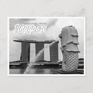 Postal Merlión Negro y Blanco Saludos desde Singapur