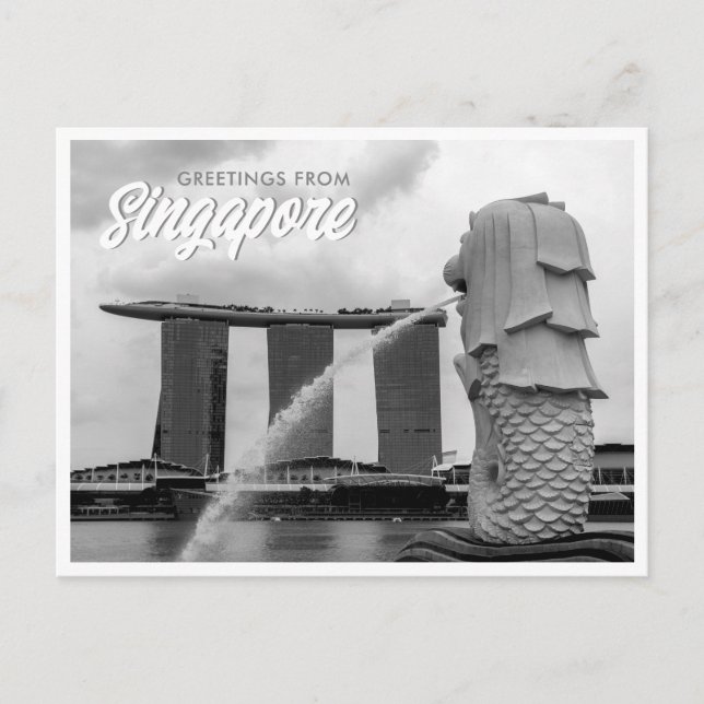 Postal Merlión Negro y Blanco Saludos desde Singapur (Anverso)