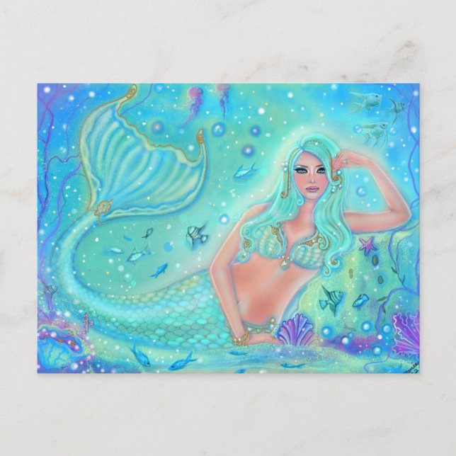 Postal Mermaid Eira con peces tropicales de Renee Lavoie (Anverso)