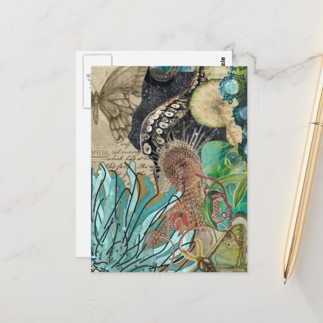 Postal Mermaid Queen Mixed Media Collage (Anverso/Reverso In Situ)