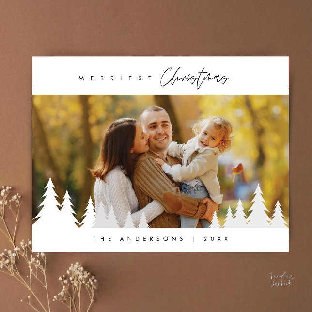 Postal Merriest Christmas Family Photo Outdoor Pine Trees (Merriest Christmas Family Photo Outdoor Pine Trees Postcard )