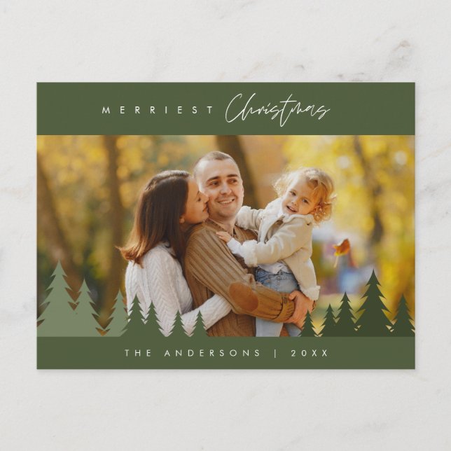 Postal Merriest Christmas Family Photo Outdoor Pine Trees (Anverso)