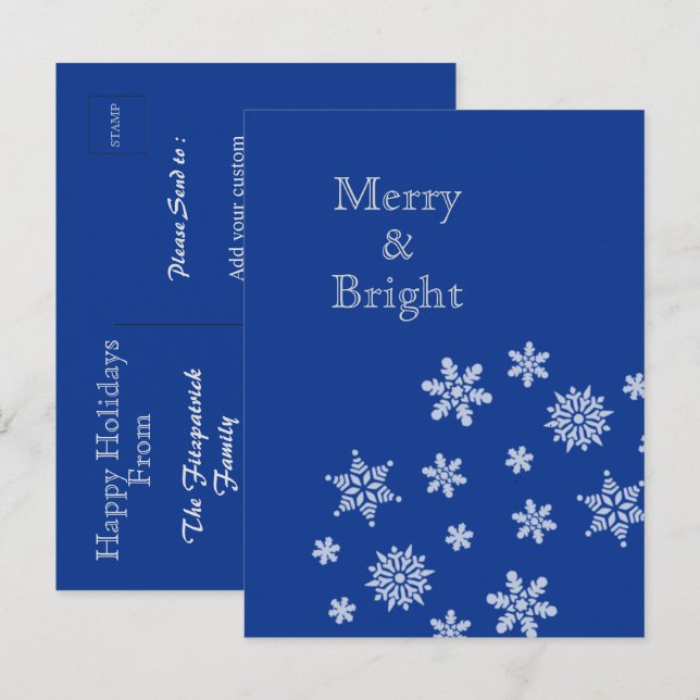 Postal Merry and Bright Snowflakes Blue Christmas    (Anverso / Reverso)