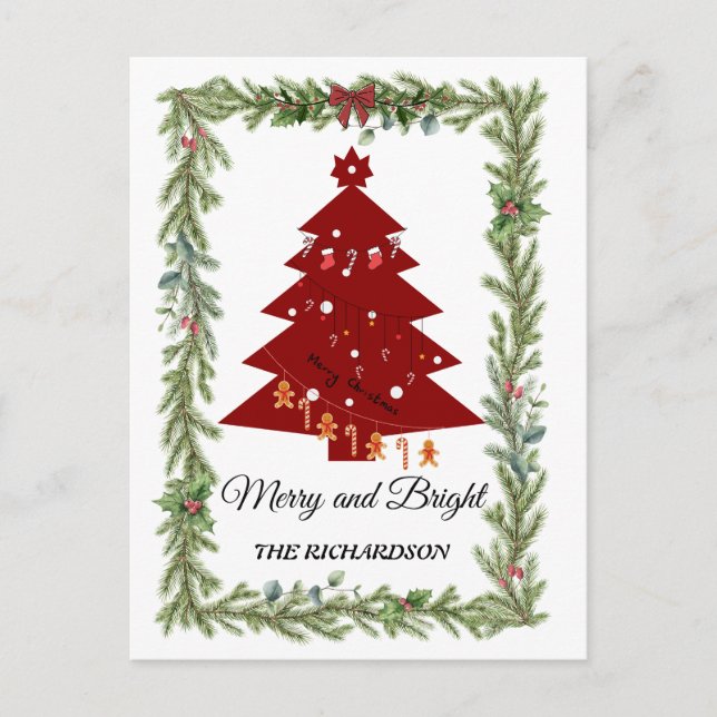 Postal Merry & Bright Modern Red Christmas Tree & Script  (Anverso)