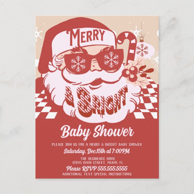 Postal Merry Bright Retro Santa Navidades Baby Shower Red (Anverso)
