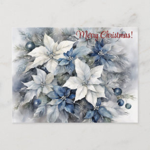 Postal Merry Christmas Blue Silver Poinsettia