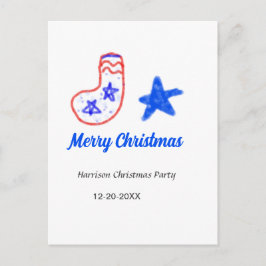 Postal Merry Christmas blue star red stockings name date 