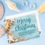 Postal Merry Christmas Cute Beach Company Seashell Person<br><div class="desc">Una bonita postal personalizado de vacaciones de negocios para una compañía de islas tropicales. Personalizar esta tarjeta postal de Navidades de fotografía verde azulados de madera azul y conchas marinas con su nombre de corporación costera u otro texto profesional costero.</div>