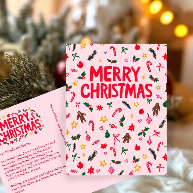 Postal MERRY CHRISTMAS Cute Doodle Whimsical PERSONALIZAD (MERRY CHRISTMAS Cute Doodle Whimsical CUSTOM Holiday Pink Postcard
)