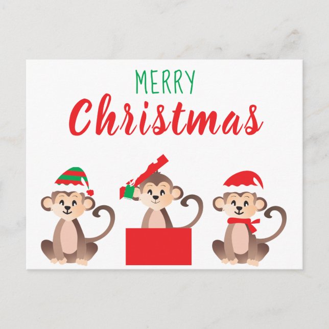 Postal Merry Christmas Cute Monkeys Navidades Gorras (Anverso)