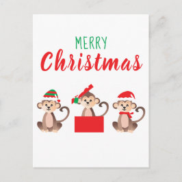 Postal Merry Christmas Cute Monkeys Navidades Gorras