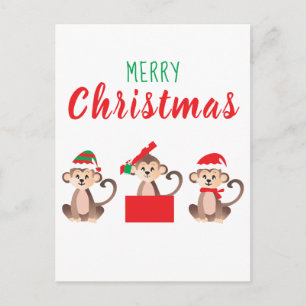 Postal Merry Christmas Cute Monkeys Navidades Gorras