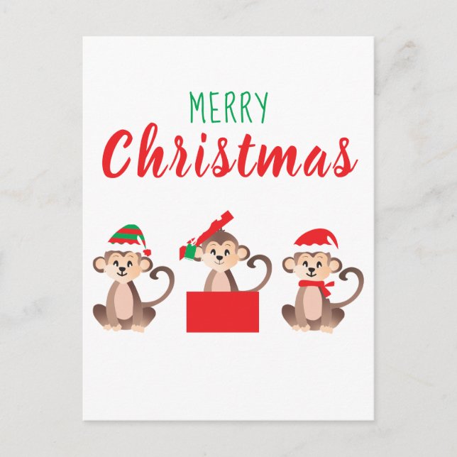 Postal Merry Christmas Cute Monkeys Navidades Gorras (Anverso)